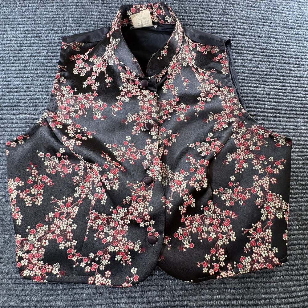 Vintage Floral Silk Mandarin Collar Vest Black Red Size M